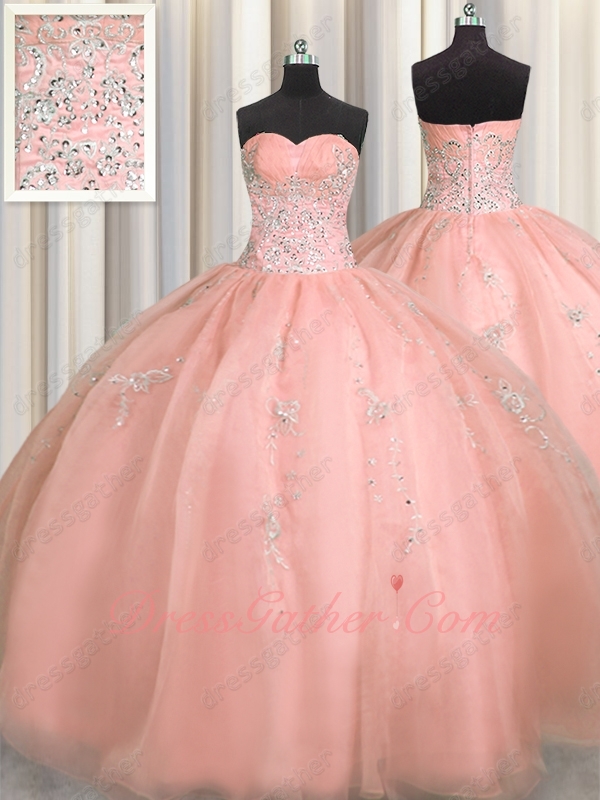 Very Puffy Round Skirt Blush Nifty Quinceanera Court Ball Gown Silver Embroidery - Click Image to Close