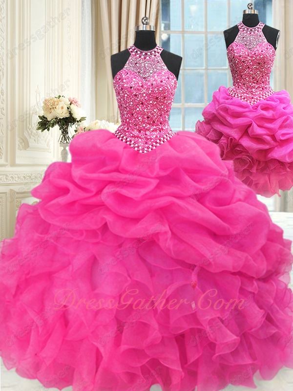 Hot Pink Bubble and Waterfall Cheap Quinceanera Gown Detachable 3 Pieces Short Skirt - Click Image to Close