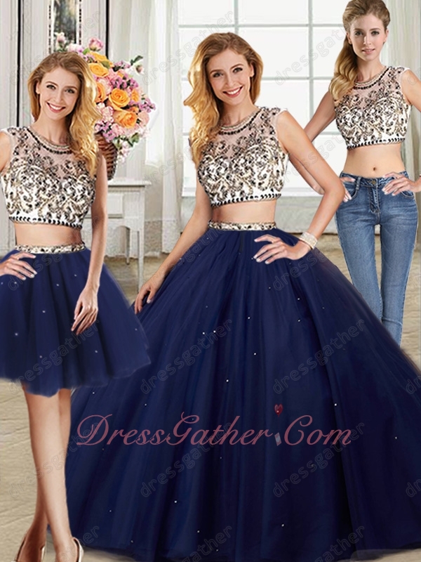 Navy Blue Quinceanera Ball Gown Sweep Train With Three Pieces Detachable Short Skirt - Click Image to Close