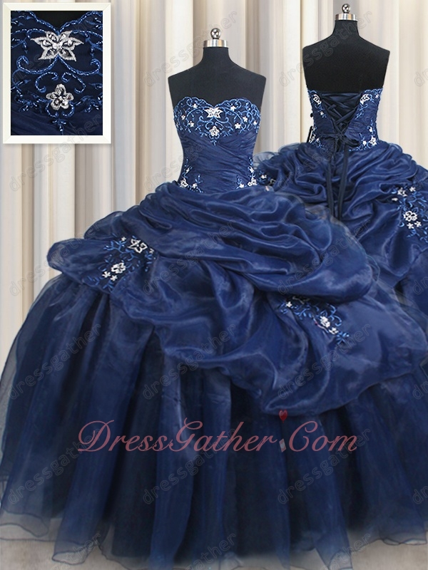 Navy Blue Organza Appliques Bubble Puffy Military Ball Gown Outdoor Banquet - Click Image to Close