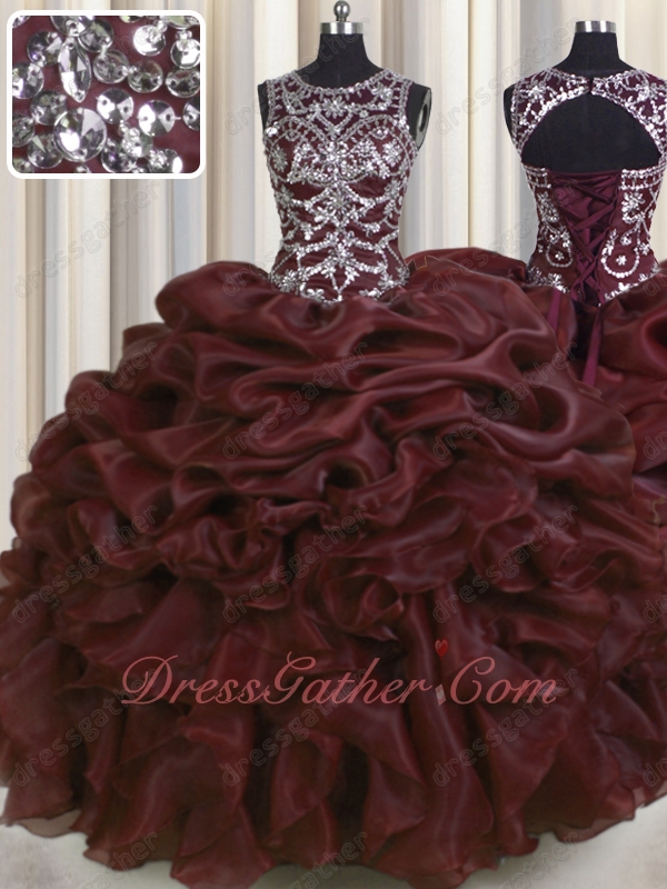 Deepest Burgundy Organza Bubble Wave Ruffle Pretty Quinceanera Ball Gown Silver Beading - Click Image to Close