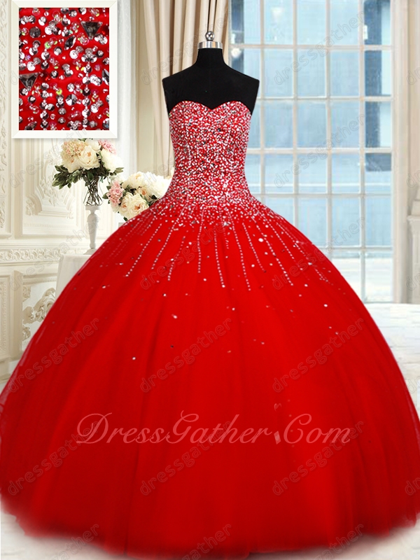 Dropped Waistline Scarlet Concert Proscenium Ball Gown Fully Twinkling Silver Beadwork - Click Image to Close