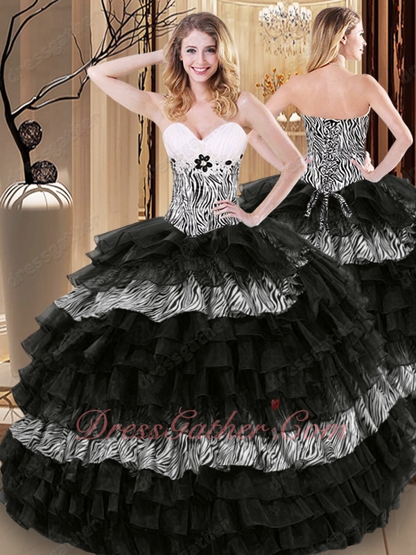 Zebra Fabric and Black Organza Successive Birthday Cake Layers Quinceanera Ball Gown - Click Image to Close