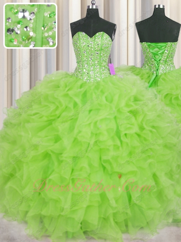 Strips Full Silver Beadwork Spring Green 15 Birthday Party Ball Gown Organza Ruffles - Click Image to Close