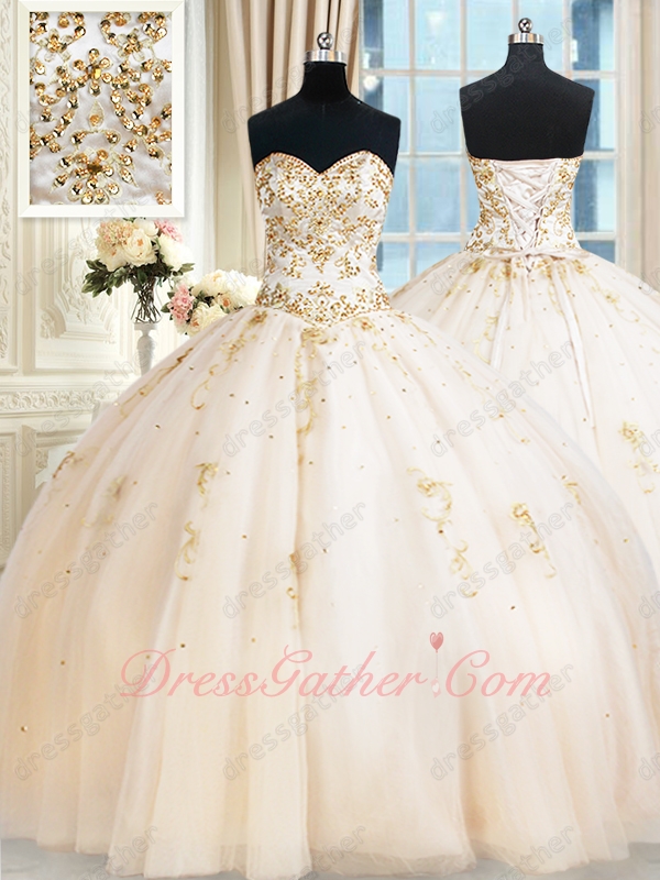 Sunshine Western Ivory Tulle Daughters Quinceanera Military Ball Gown Gold Embroidery - Click Image to Close