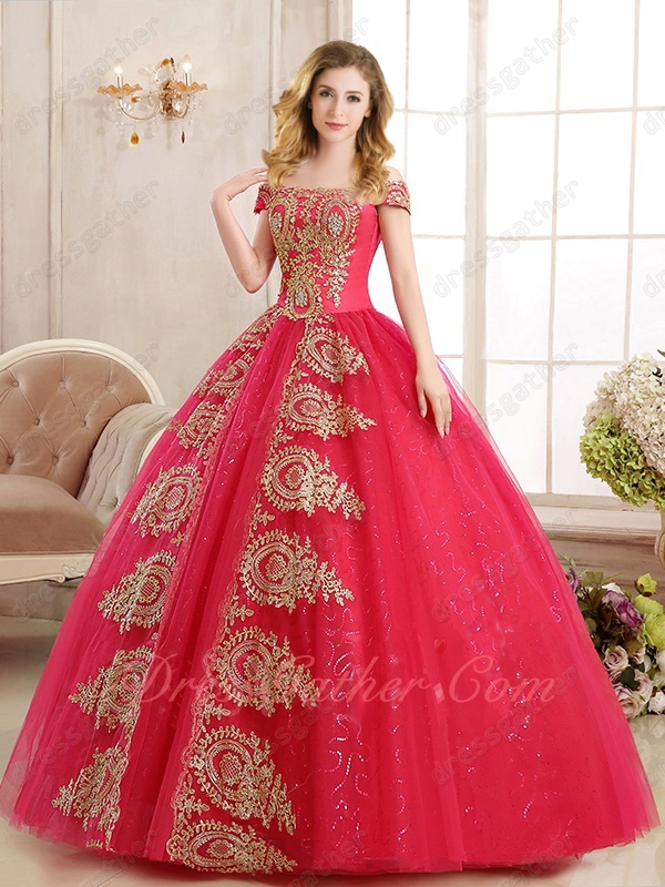 Coral Red Tulle Lady Prom Ball Gown Vogue Golden Pineapple Appliques Runway Pageant - Click Image to Close