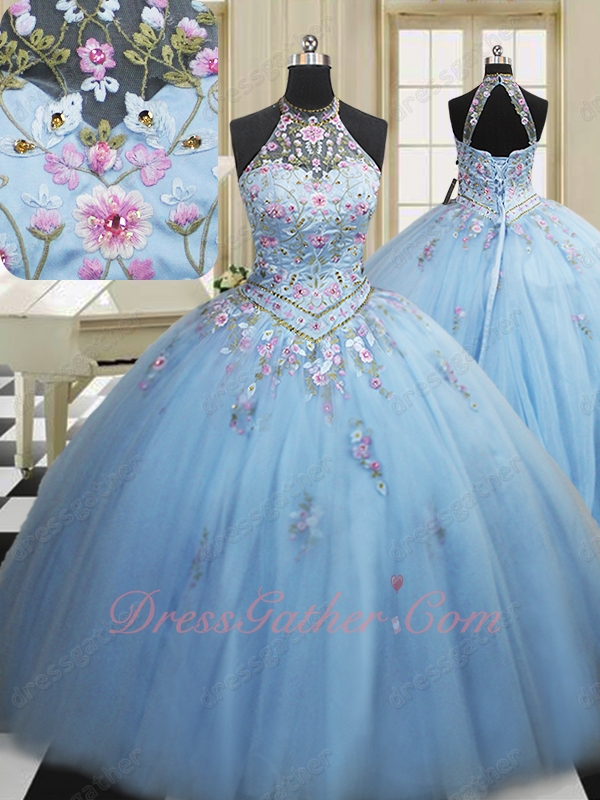Halter Baby Blue V Waistline Colorful Embroidery Quinceanera Ball Gown Cute - Click Image to Close