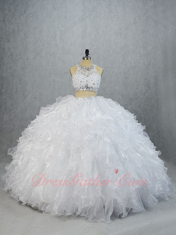 Scoop Sheer Two Pieces Reveal Belly White Organza and Sparkle Tulle Ruffles Ball Gown - Click Image to Close