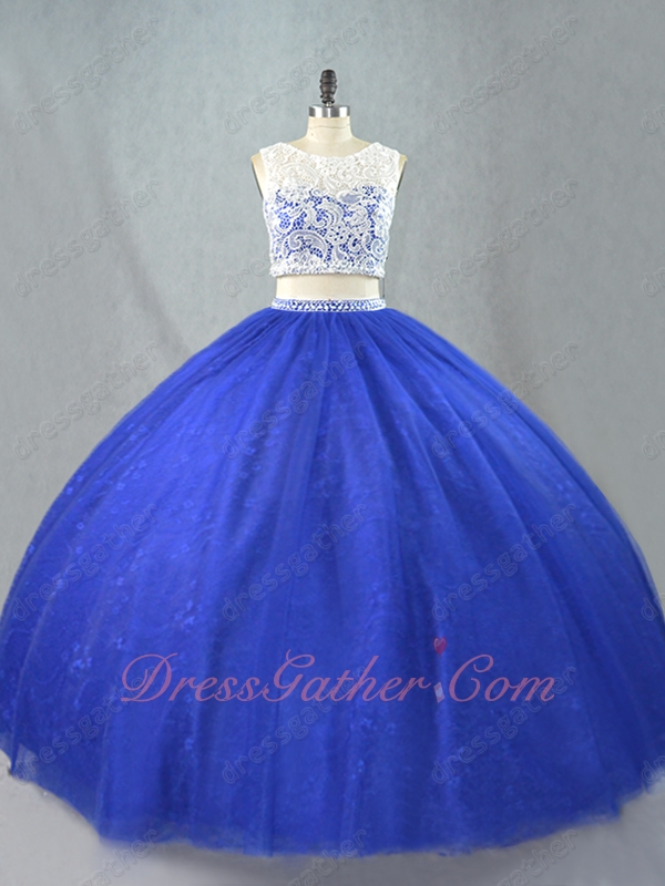 Two Piece Off White Cashew Lace Covered Bodice Royal Blue Tulle Ball Gown Lace Inside - Click Image to Close
