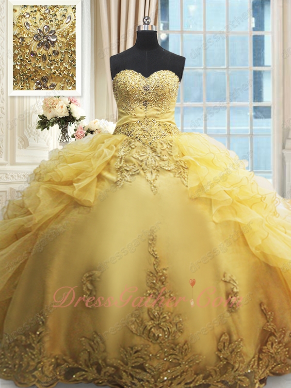 Luxurious Gold Ruffles Open Flat Quinceanera Ball Gown Ancient Royal Household - Click Image to Close