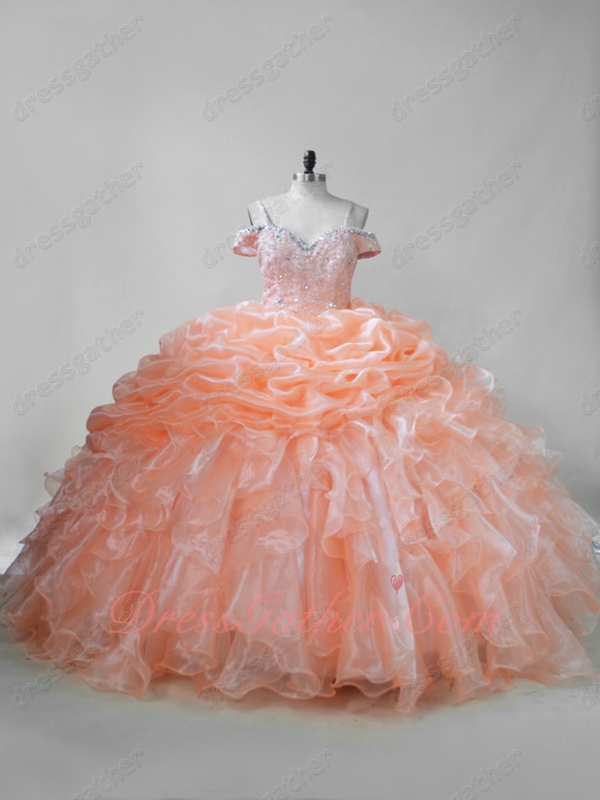 Peach Organza Double Straps Off Shoulder Bluging and Ruffles Puffy Quinceanera Gown - Click Image to Close