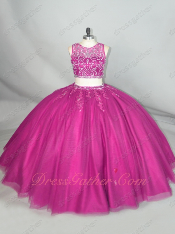 Two Pieces Beaded Bodice Magenta Tulle Fluffy 2023 Quinceanera Gowns Wholesale - Click Image to Close