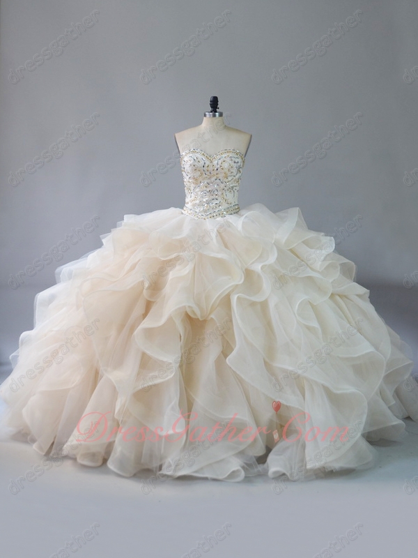 Very Puffy V-Shaped Waist Organza and Horsehair Tule Ruffles Quinceanera Gown Beige - Click Image to Close