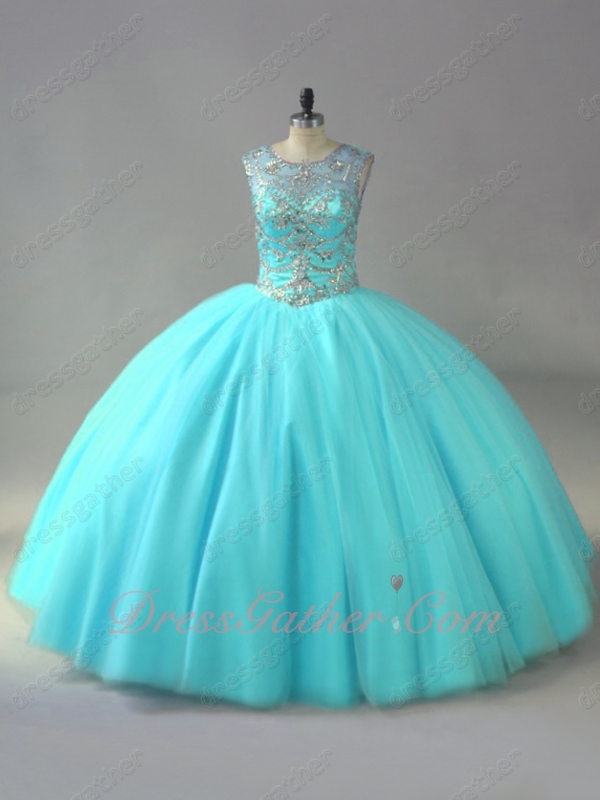 Sheer Scoop Silver Beading Bodice Dancing Quinceanera Ball Gown Ice Blue Tulle Crazy - Click Image to Close