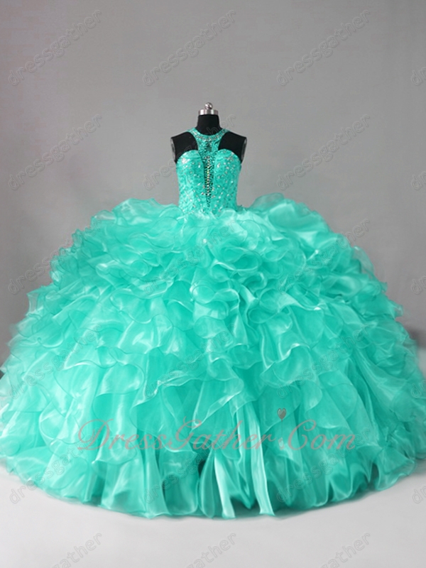 Hollow Out Cleavage Apple Green Waterfalls Sweep Train Vestidos De Quinceanera Gowns - Click Image to Close