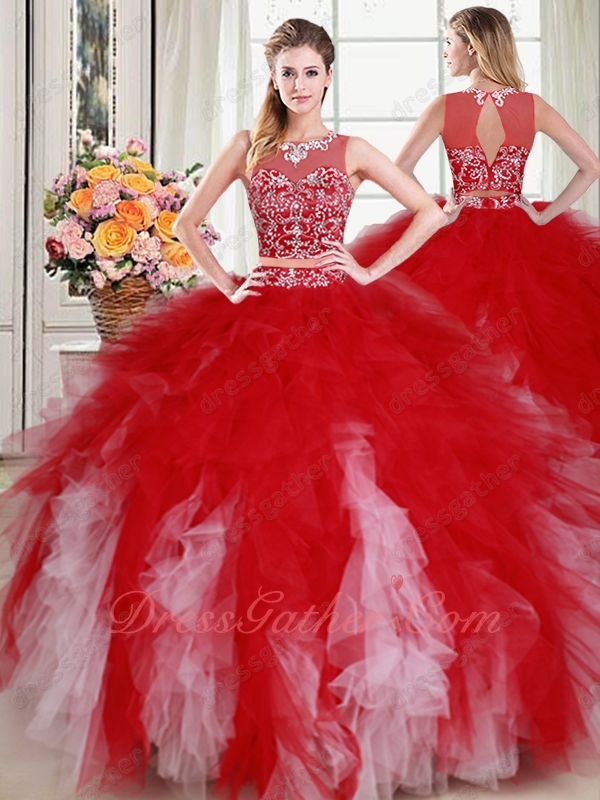 Two Pieces Separated Show Belly Red With Pink Tulle Ruffles Quinceanera Gowns Pageant - Click Image to Close