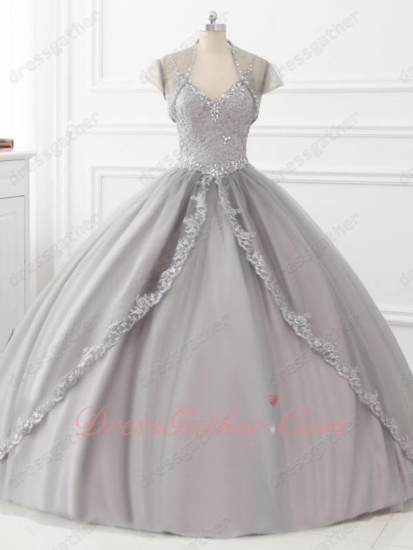 Stylish Double Straps Appliques Blouse Silver Tulle Quinceanera Ball Gown and Jacket - Click Image to Close