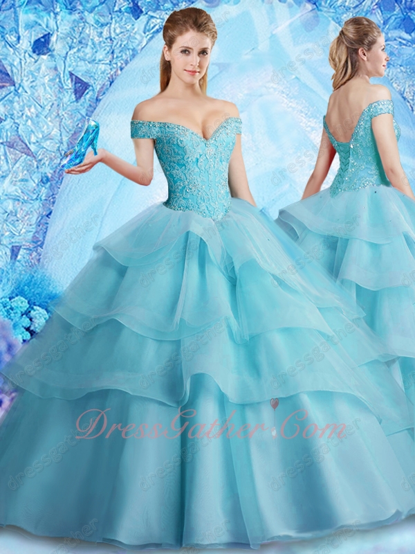 Off Shoulder Elastic Mesh Tape/Horsehair Layers Fluffy Ice Blue Quinceanera Ball Gown - Click Image to Close