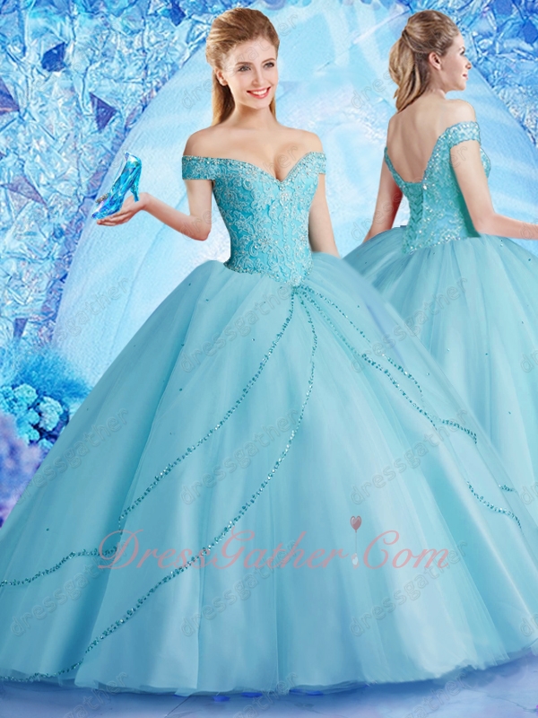 Off Shoulder Ice Blue Mesh Ball Gown For Quinceanera Birthday Ceremony Boutique - Click Image to Close