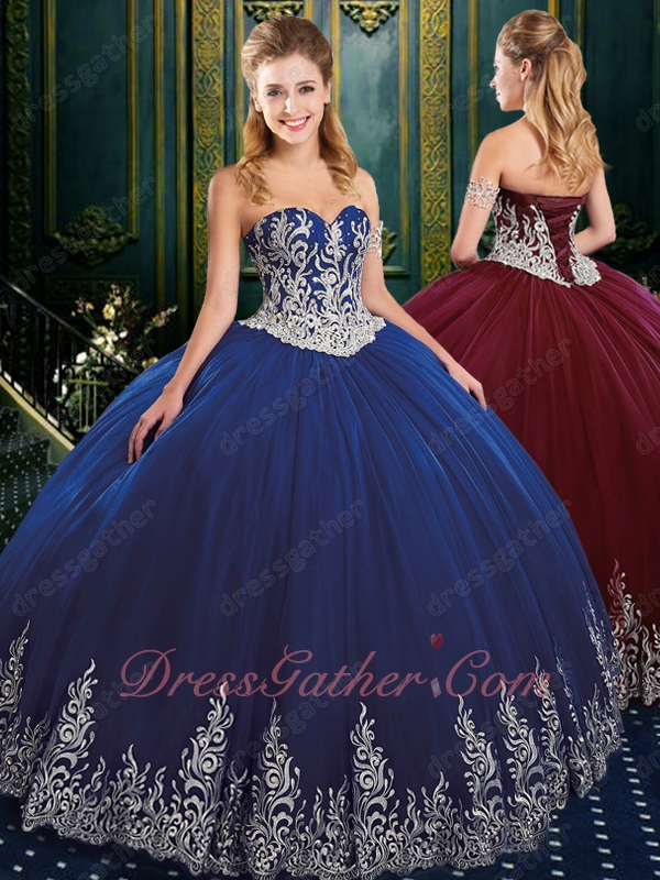 Western Quinceanera Ball Gown Dark Royal Blue Gauze Dress Silver Embroidery - Click Image to Close