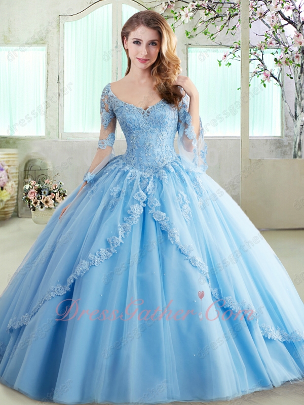 Light Sky Blue Long Trumpet Sleeves 16 Years Puberty Wear Quinceanera Ball Gown - Click Image to Close