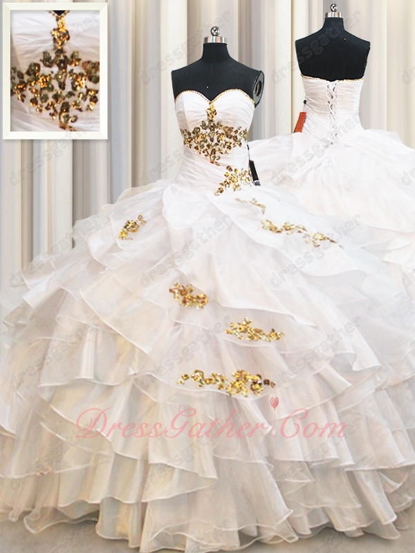 Crossed Layers Skirt Quinceanera Birthday Gown Dressing Up White With Gold Details - Click Image to Close