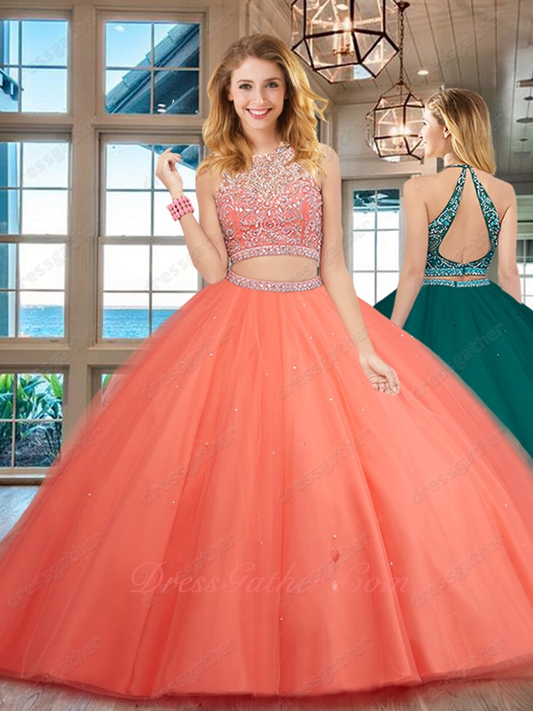 Two Pieces Detached Latin Style Watermelon Tulle Fashionable Quince Prom Ball Gown - Click Image to Close