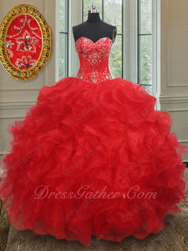 Dropped Waist Silver Embroidery Basque Red Wave Ruffle Quinceanera Gown Black Friday - Click Image to Close