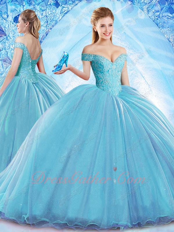 Crazy Off Shoulder Flat Tulle Puffy Skirt Ice Blue Quinceanera Ball Gown 20in Train - Click Image to Close