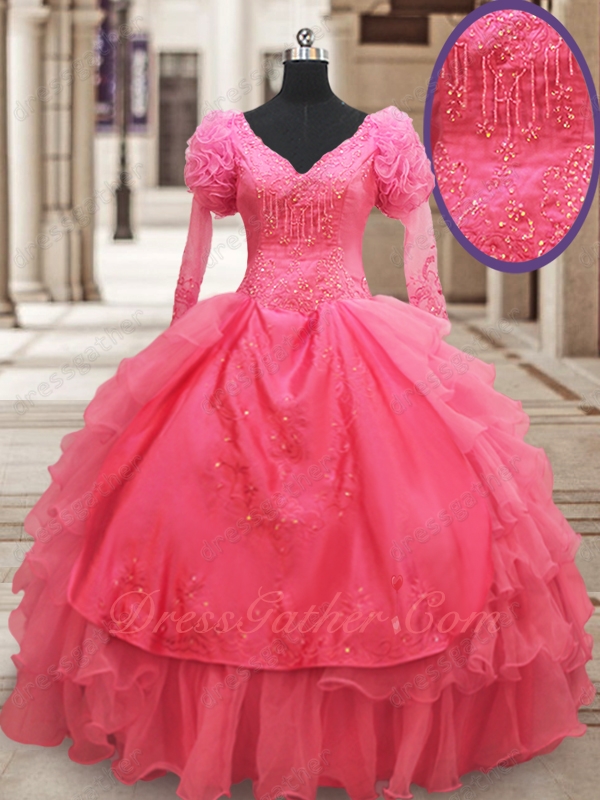 Modest Long Bubble Sleeves Coral Organza European Court Religious Ball Gown Cold Wear - Click Image to Close
