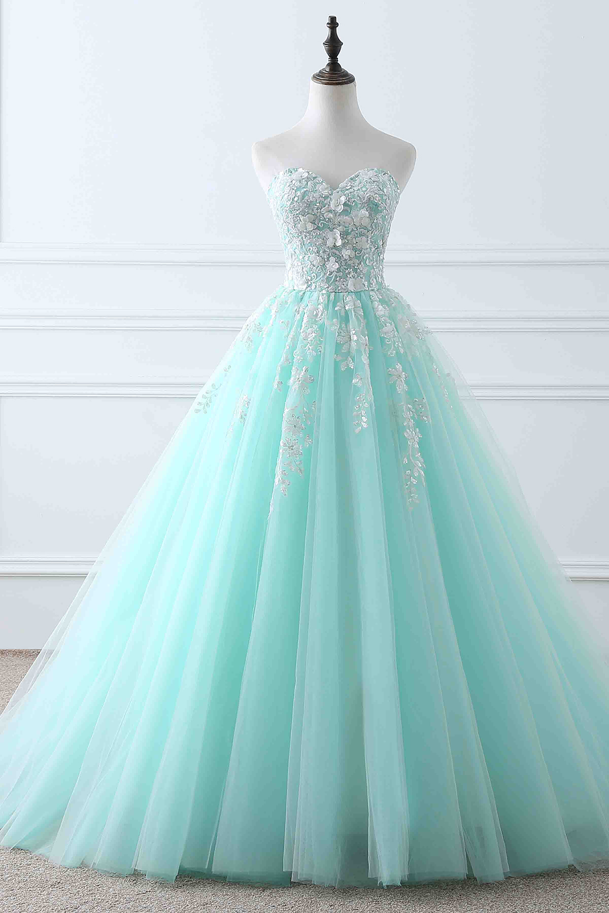 Designer Sweetheart Neck Ice Blue and Off White Prom Ball Gown With 3D Flowers Decorate - Click Image to Close