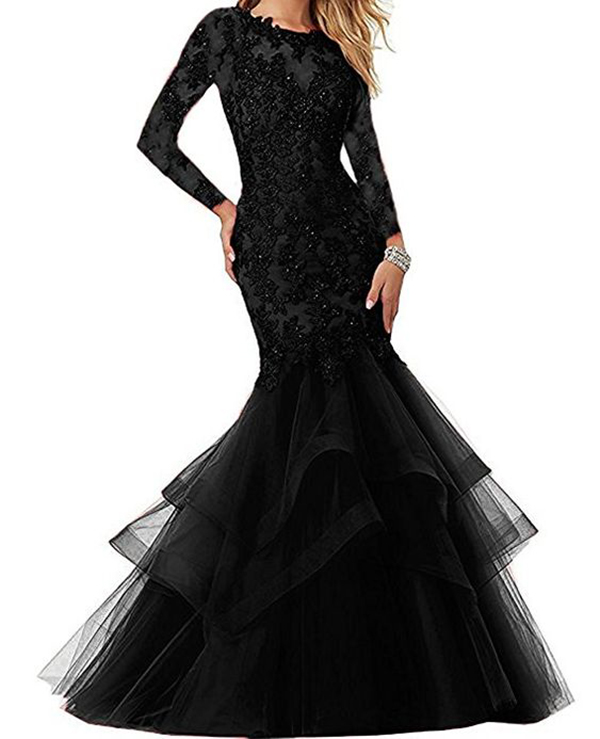 Demure Sheer Scoop and Long Sleeves Applique Black Mermaid Mother of the Bride Dress Senior Women - Click Image to Close