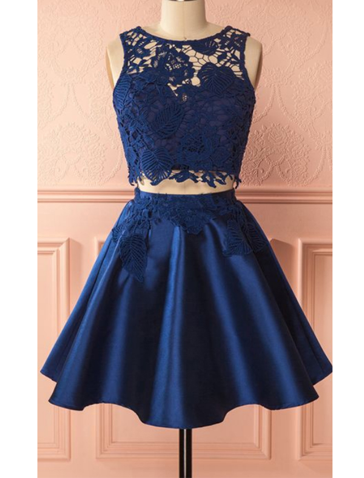 Leaves Pattern Lace Decorated Navy Blue 2 Pieces Cocktail Dress Sexy Dancing Night Pub Dress - Click Image to Close