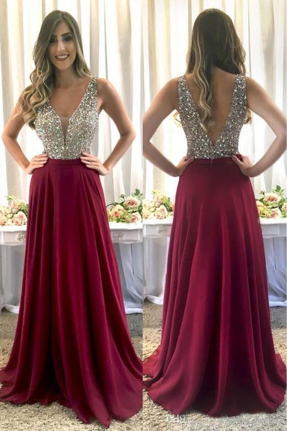 Lovely Deep V Neck Nude Beaded Bodice Wine Red Floor Length Skirt Evening Prom Dress - Click Image to Close