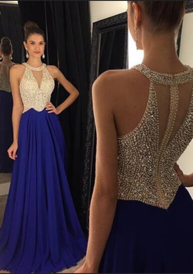 Designer Scoop V-Shaped Hollow Out Nude and Royal Blue Formal Evening Gowns With Beading - Click Image to Close