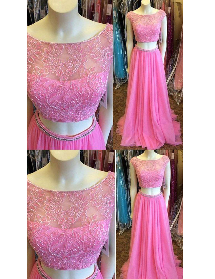 Sexy Scoop Applique Floor Length Rose Pink 2 Pieces Dancing Party Dress Evening Gown - Click Image to Close