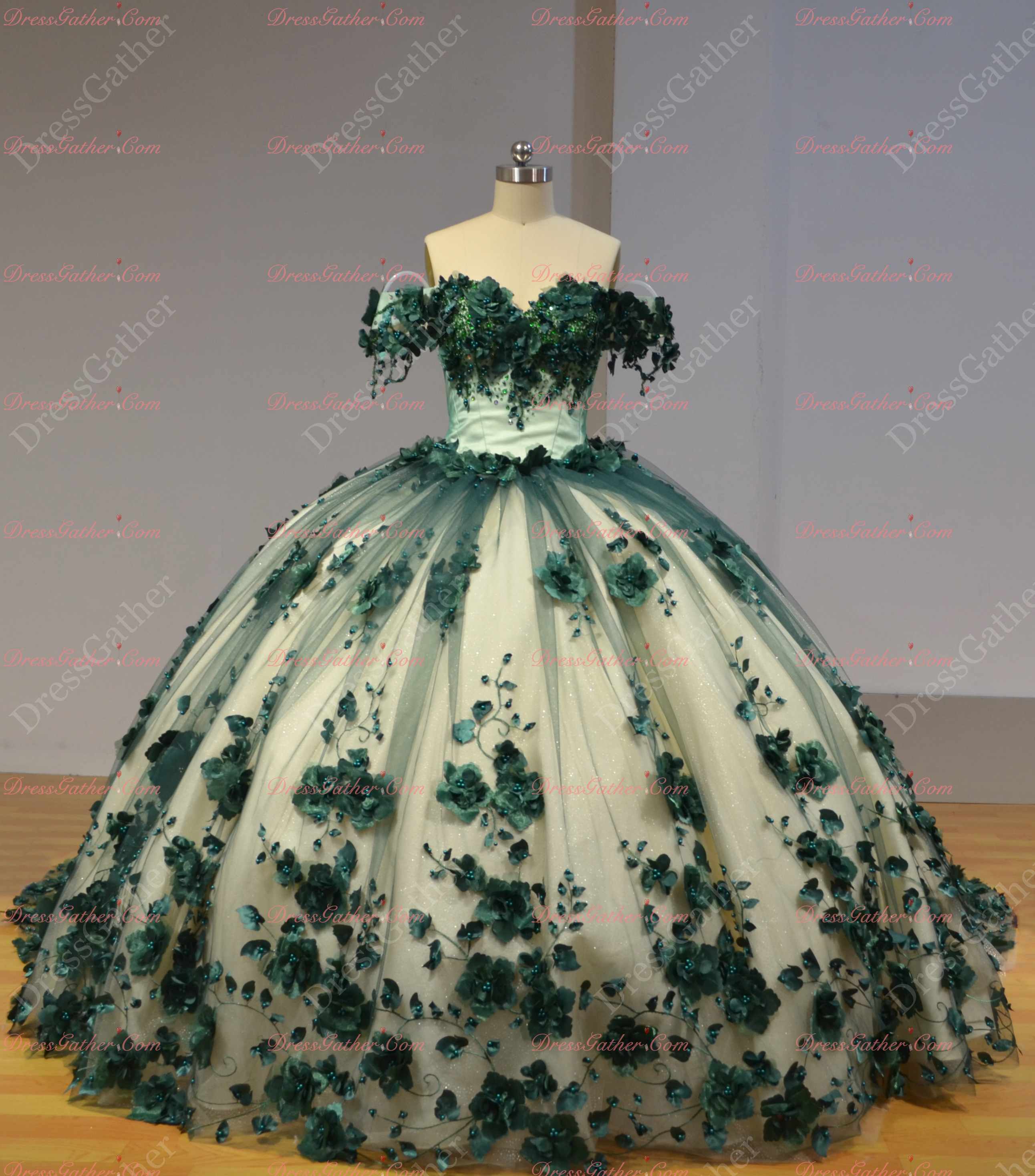 Shimmery Off Shoulder 3D Flowers Application Quinceanera Dress XV - Click Image to Close