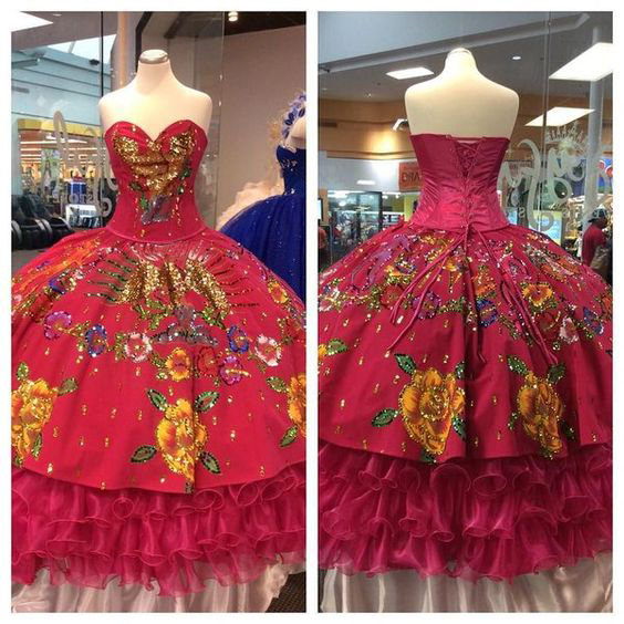 Sweetheart Neck Charro Embroidery Flowers Fuchsia Quinceanera Dress and Ruffles - Click Image to Close