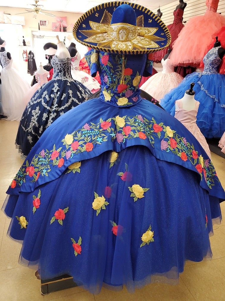 Short Sleeves Royal Blue Charro Quinceanera Dress Colorful Flowers Adorned - Click Image to Close