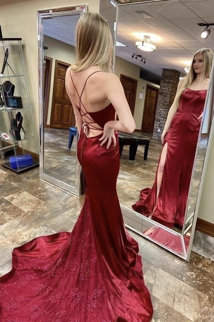 Elegant Scoop Spaghetti Straps Cross Back Mermaid Burgundy Prom Dress With Side Slit - Click Image to Close