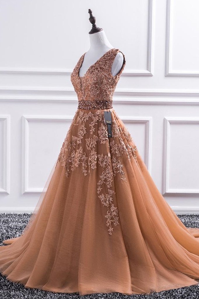 Junoesque V-Neck Appliques Deep Champagne Court Train Prom Dress Girl Prefer - Click Image to Close