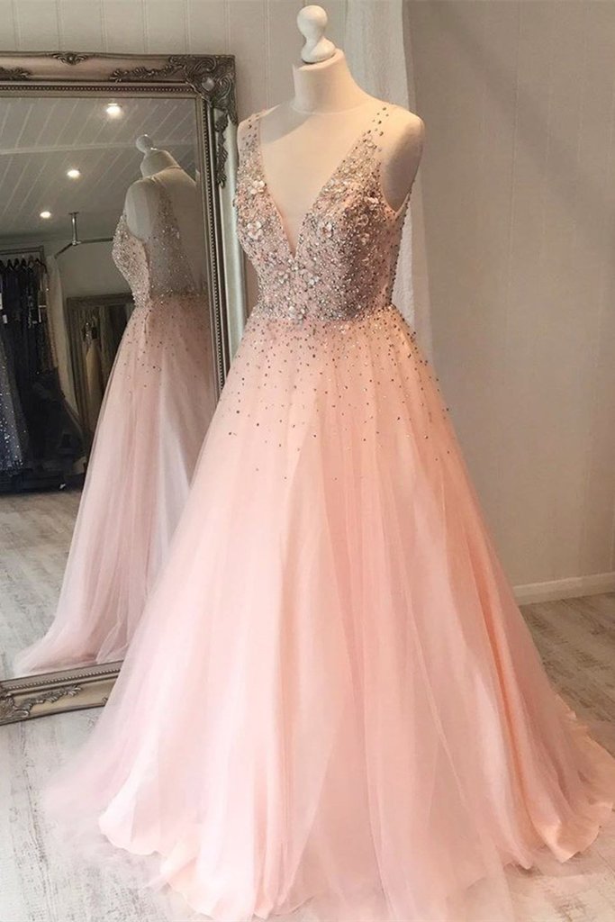 Fascinating Deep V Neck Beading Crystal Blush Ceremony Prom Dress New Arrival - Click Image to Close