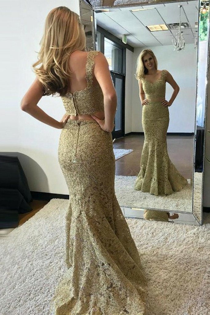 Dual Wide Straps V Neck Two Pieces Mermaid Champagne Gold Masque Prom Gowns By Lace - Click Image to Close