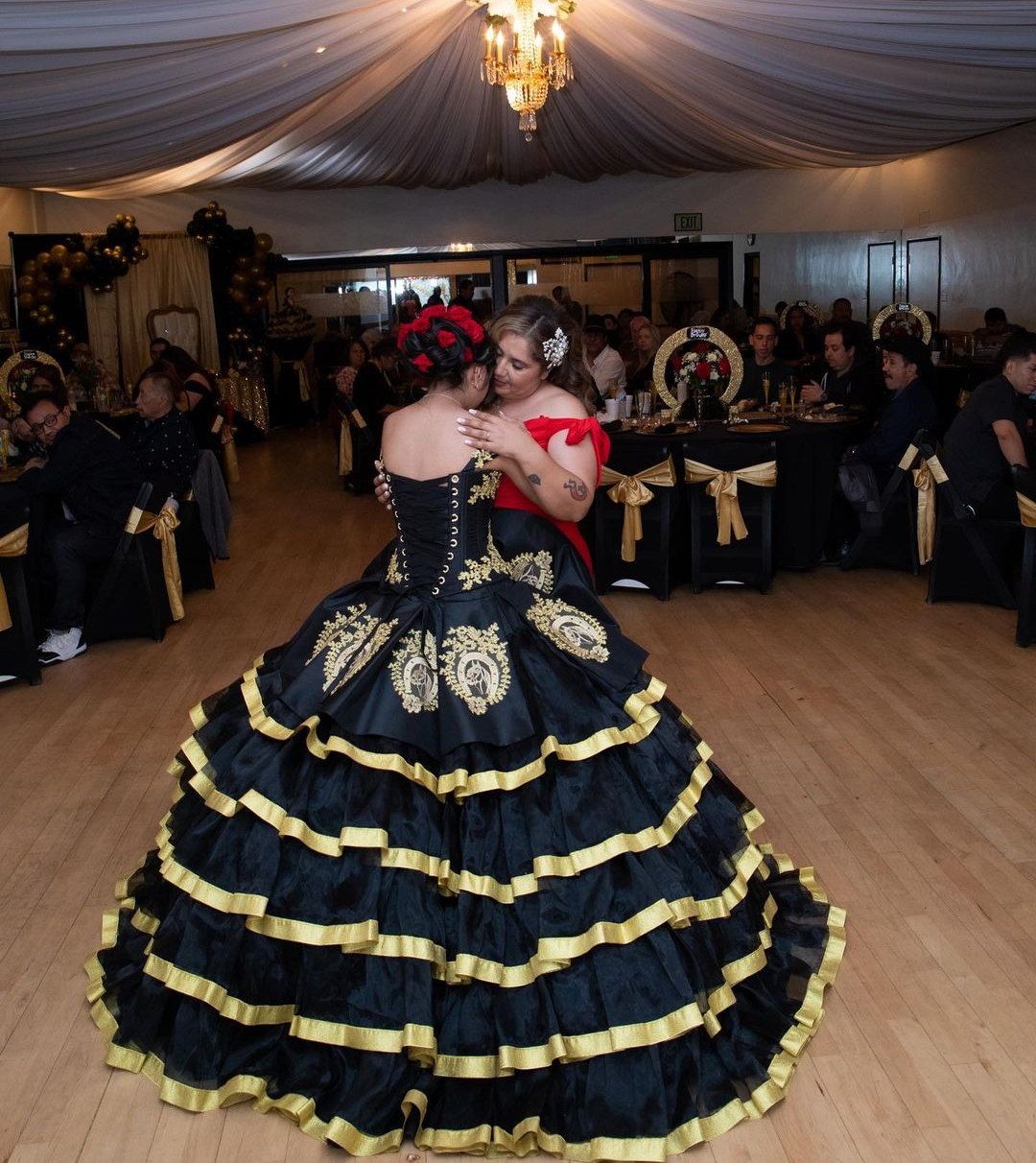 Classical Charro Insignia Horse Head Embroidery Layers Quinceanera Dress Black and Gold - Click Image to Close