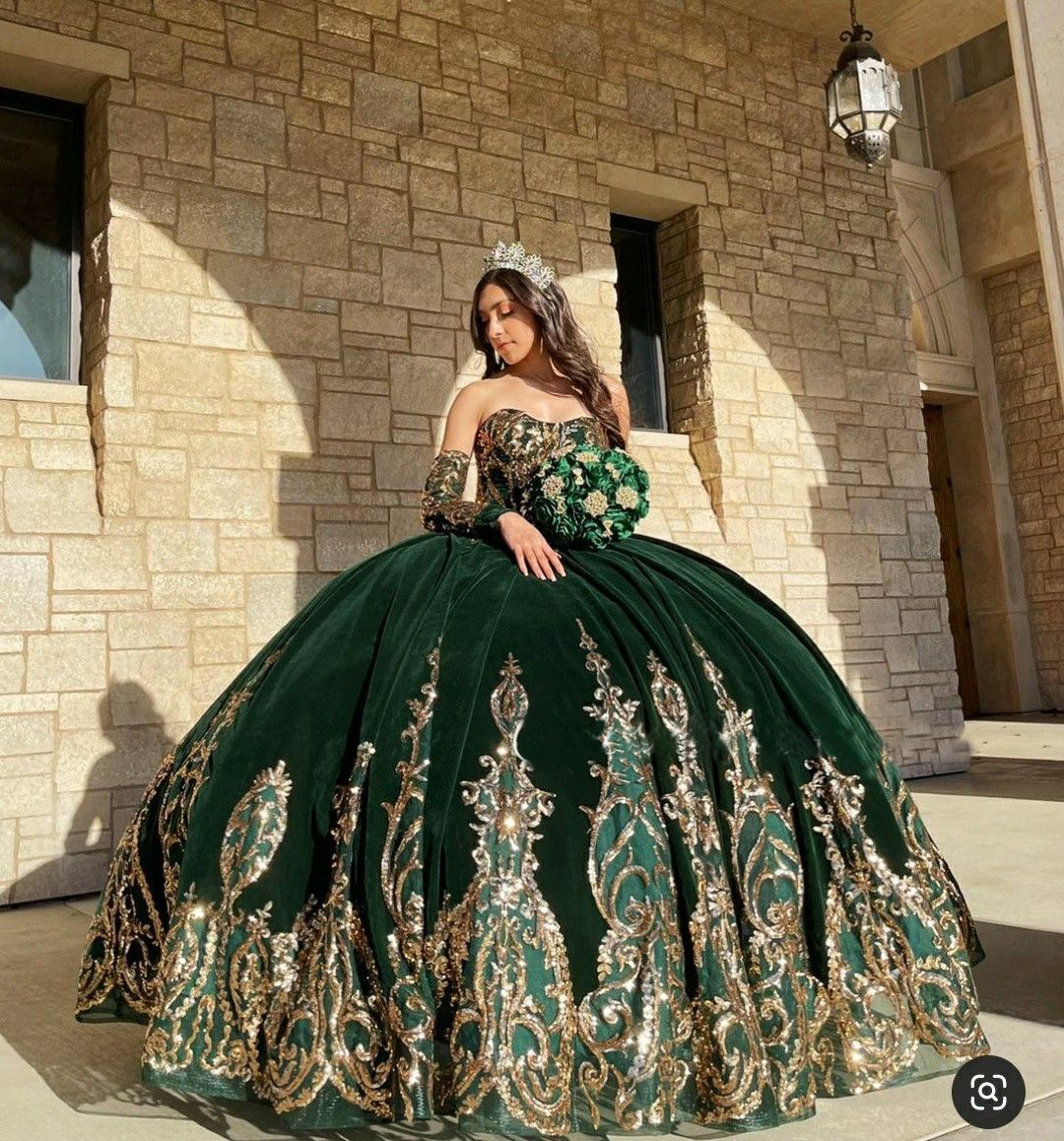 2023 Emerald Green and Gold Quinceanera Dress 15th Birthday Dress Removable Sleeves - Click Image to Close