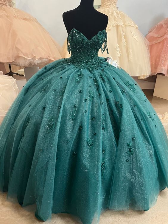 Scattered 3D Flowers Emerald Green Custom Make Quinceanera Dress Designer - Click Image to Close