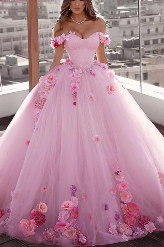 Off Shoulder Colorful 3D Handcrafted Flowers Wedding Bridal Gowns Romantic - Click Image to Close