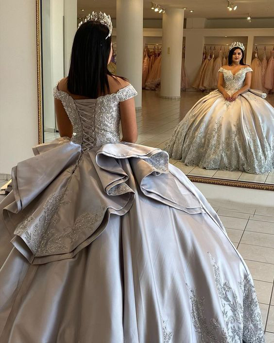 Off Shoulder Big Bust Quinceanera Dress Silver Sweet 16 Dress Applique and Beading - Click Image to Close