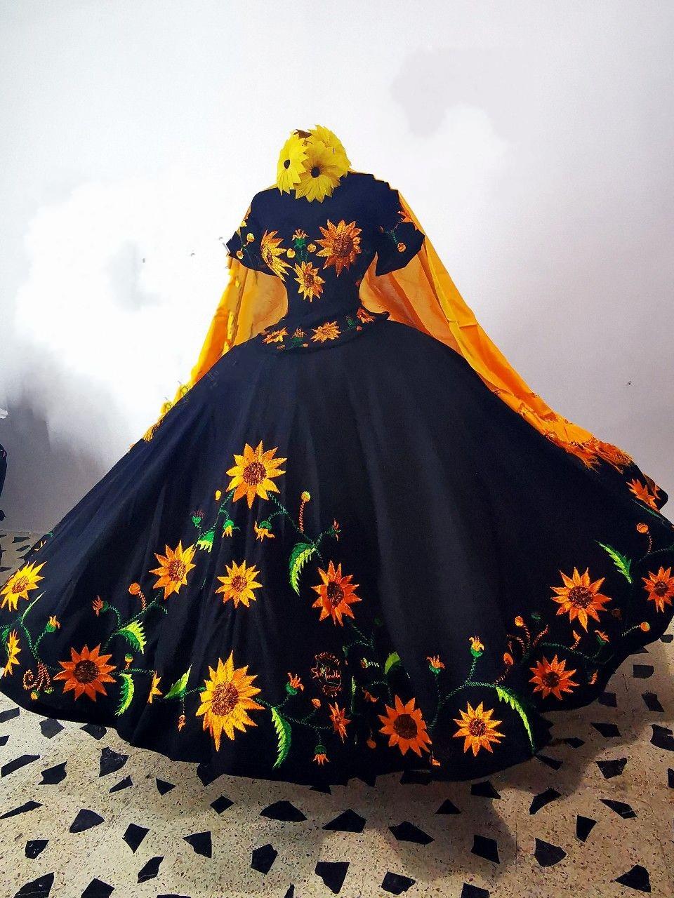 Classical Sunflower Embroidery Mexican Charra Quinceanera Dress Anos Vestido - Click Image to Close