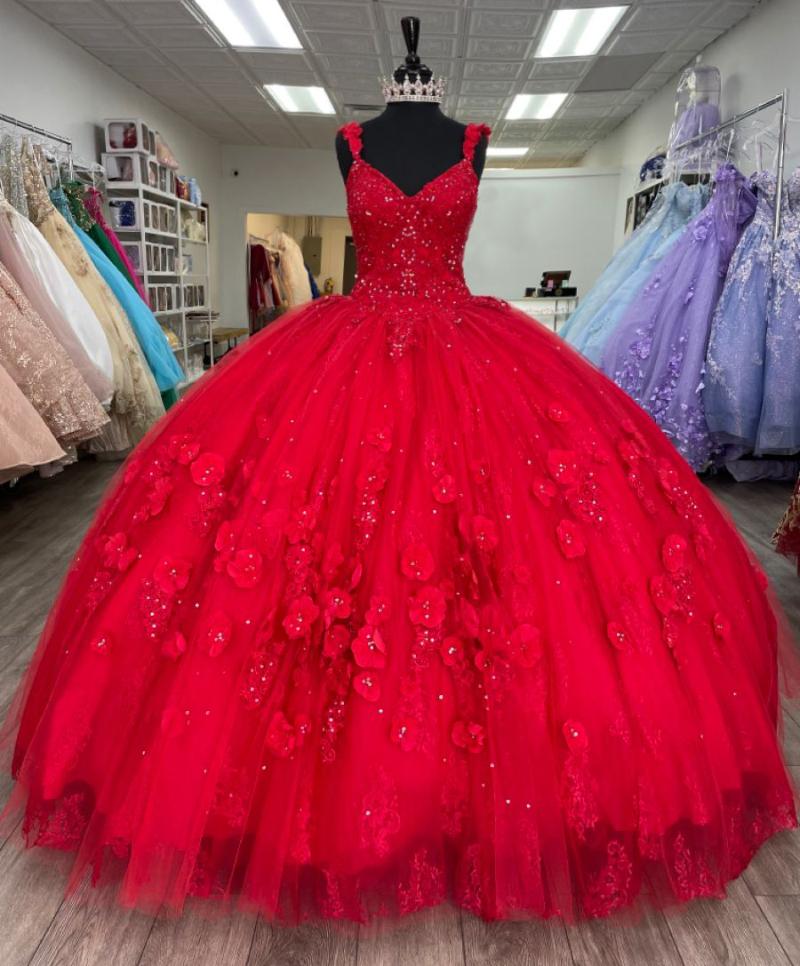 Sexy Sweetheart Neck Vaguely Lace and 3D Flowers Red Quinceanera Dress Floral - Click Image to Close